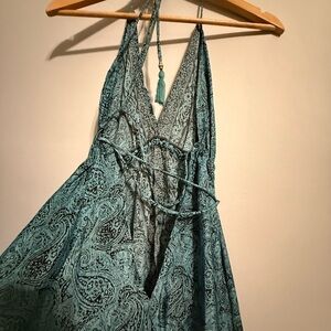 SHOP SALE!!!  Teal Paisley Turquoise Beaded Halter Jumpsuit Bohemian Drop Back
